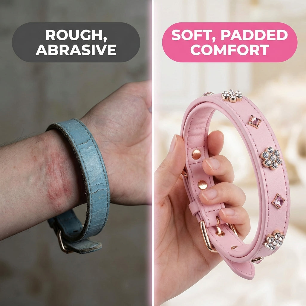 PU Leather Rhinestone Dog Collar - Soft Padded Pink Bling Dog Collar with Diamond Crystals & Metal Flowers for Female Dogs & Cats - Comfortable and Stylish for Walking & Running - M